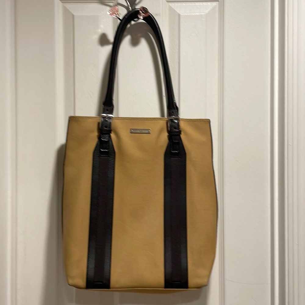 Gucci Authentic Camel Canvas Brown Leather Buckle Book Shoulder Tote